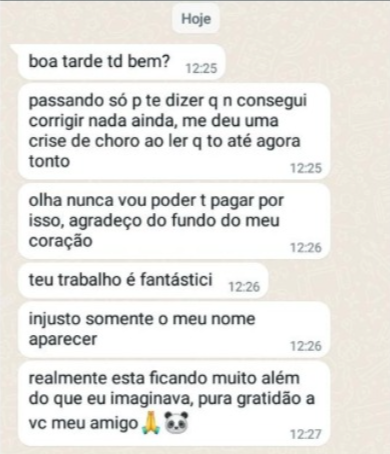 Depoimento de cliente no WhatsApp